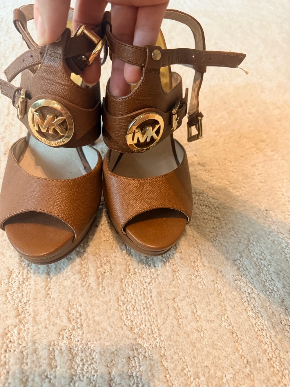 Michael Kors Tan Leather Platform Heeled Sandals with Gold MK Emblem